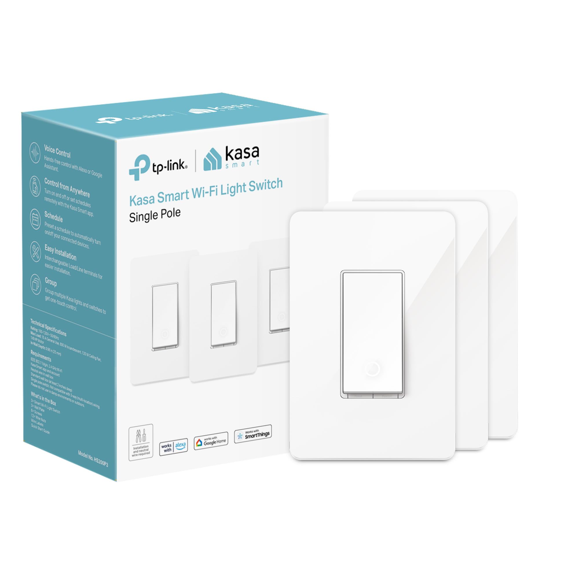 Kasa Smart Light Switch HS200P3, Single Pole, Needs Neutral Wire, 2.4GHz Wi-Fi Light Switch Compatible with Alexa and Google Home, UL Certified, No Hub Required, 3 Count -Pack of 1 , WhiteKasa Smart Light Switch HS200P3, Single Pole, Ne…