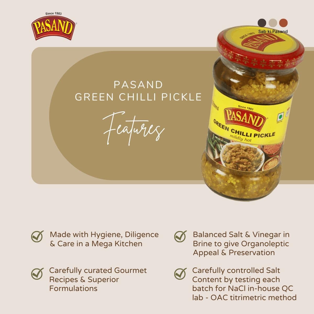 PASAND Green Chilli Pickle 280g | Hari Mirchi Ka Achar | mildly Hot & Spicy Green Chilli Pickle | Traditional Homemade Style Pickle | with mustard 2