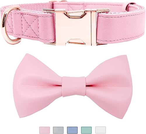 Collar de perro con pajarita de cuero suave, ajustable, bonito lazo fácil de limpiar con elegante hebilla de metal resistente de oro rosa para