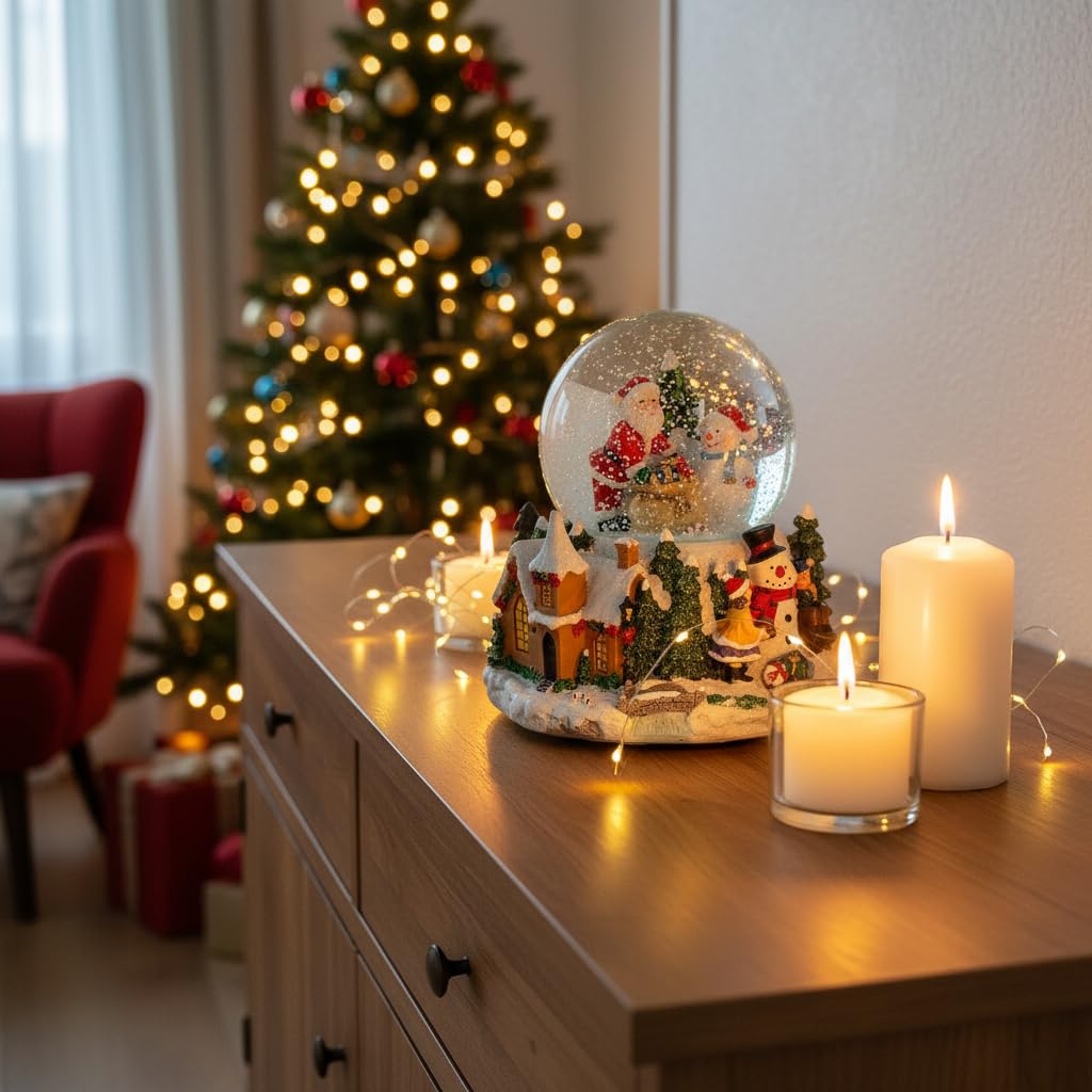Schneekugel/Spieluhr mit Weihnachtsmann, Tannebaum und Schneemann 100mm, weihnachtlicher Sockel, Licht, Schneeantrieb, 15cm