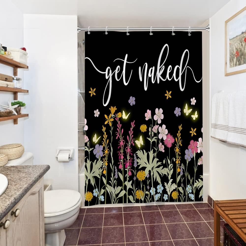 Cortina Ducha Hojas Verde, Uiiooazy Cortina de Ducha Flores Rosa Mariposa Get Naked Sign Cortinas de Baño Antimoho Impermeable Lavable Tejido de Poliéster Opaco Cortinas de Ducha con Ganchos 150x200cm