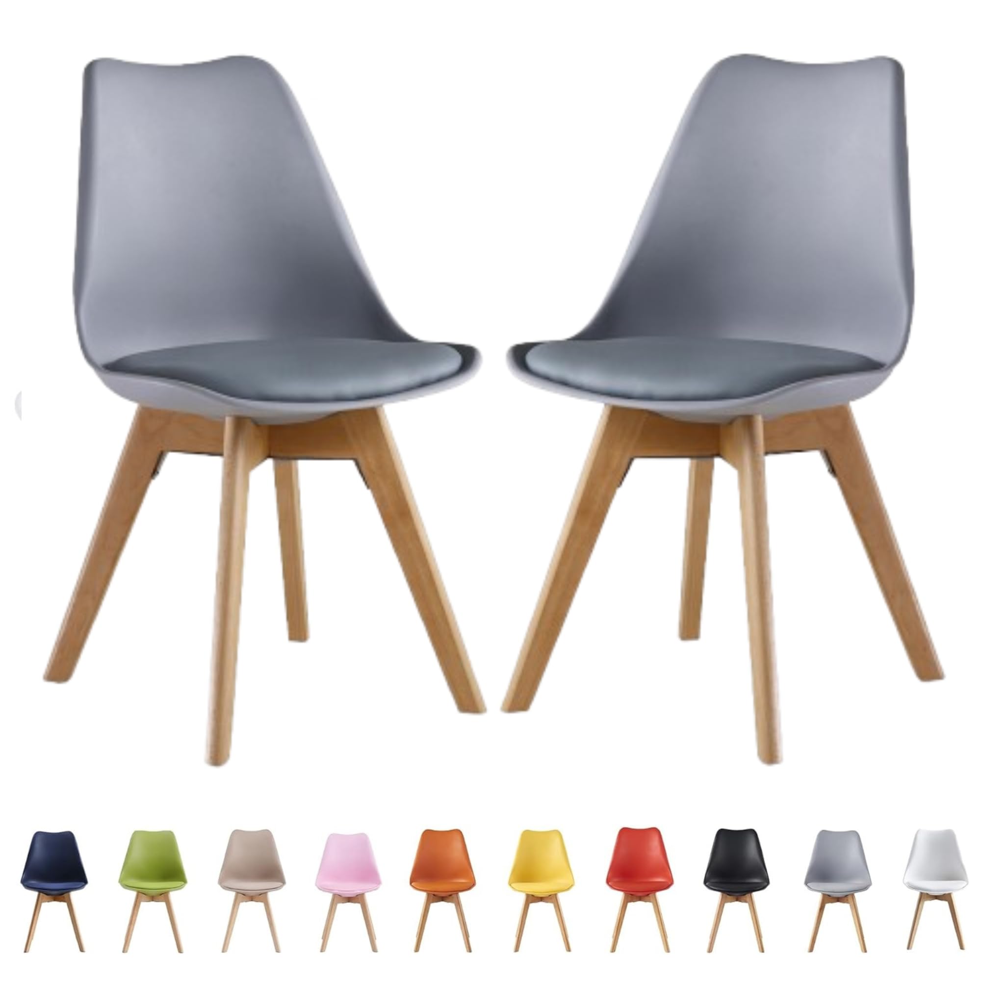 Single Set of 2/4/6 Retro Modern Dining Chairs – Lorenzo Plastic Chairs with Cushioned Pad Seat & Solid Beech Wooden Legs - Side Chair for Living Room Kitchen Office Lounge (Grey, Pack of 2) — image 1