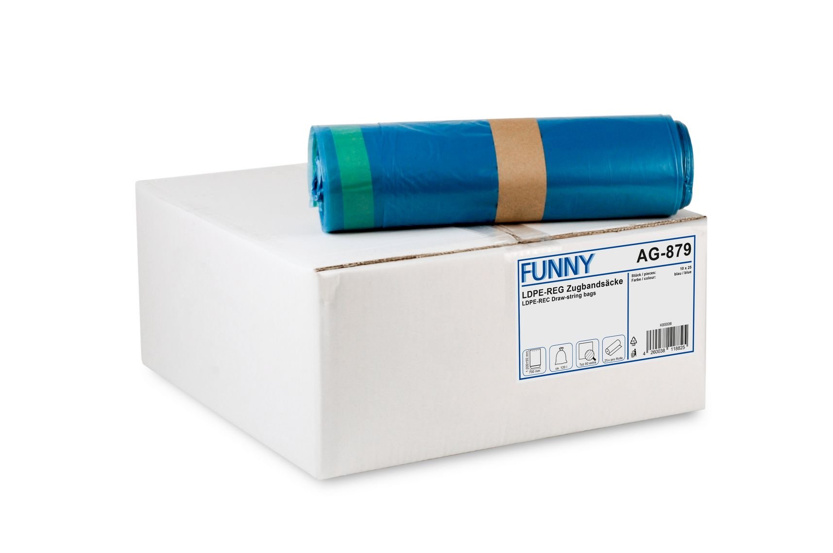 Funny AG-879 LDPE-Zugbandsäcke, 700 x 1100 mm, Typ 60, Blau, Circa 120 L, 250 Stück)