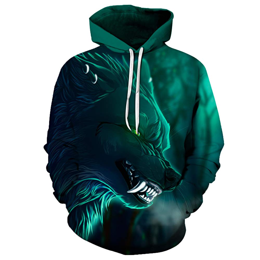 Snbidmk Men's Wolf Pattern Long Sleeve Personality Hoodies Sweatshirt Pullover with Pocket, Green, 4XL