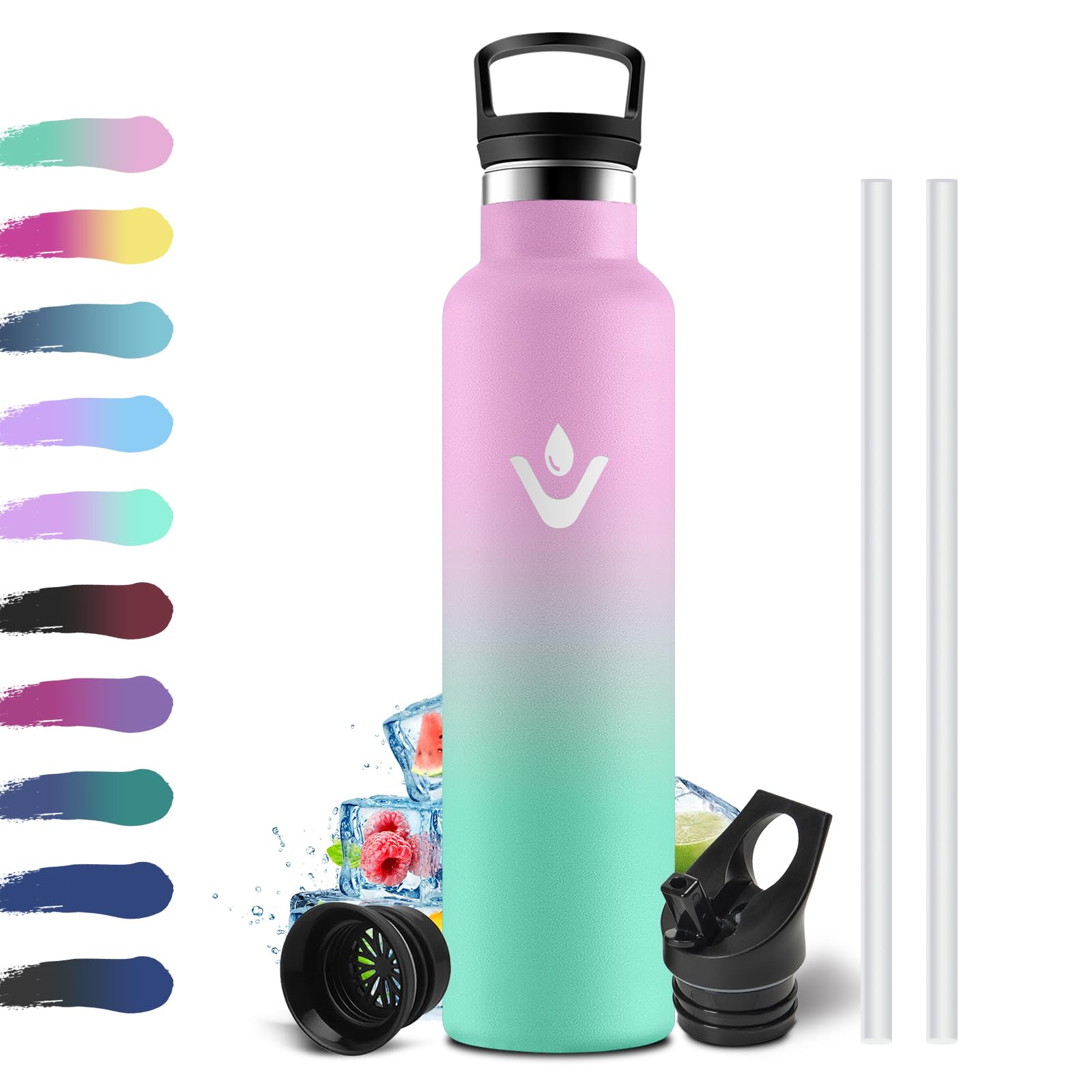 Thermosflasche 1L, Edelstahl Trinkflasche mit Strohhalm, Einhandöffnung, Vakuum Thermosflasche, Kohlensäure Geeignet, BPA-Frei, Isolierte Wasserflasche für Laufen, Fahrrad, Schule, Sprudel, Yoga