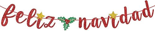 Banner de Feliz Navidad con purpurina roja, guirnaldas de banderines de Navidad españolas, decoración de fiesta festiva, manto de invierno,
