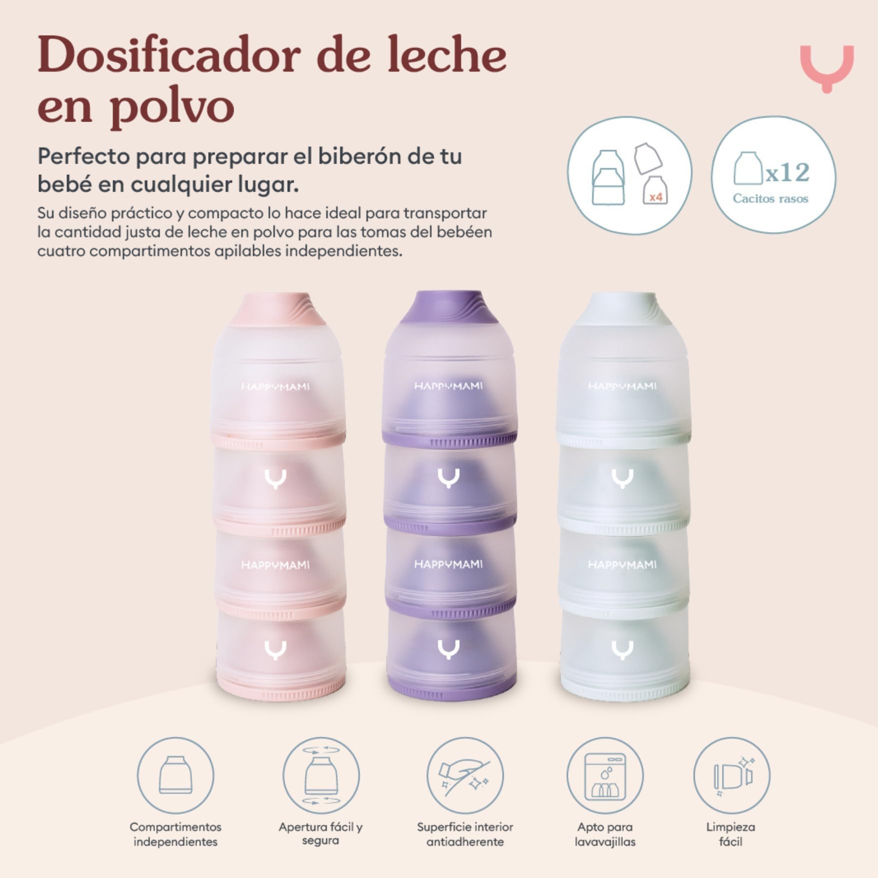 Happymami, Dosificador de Leche en Polvo o Cereales, Color Aguamarina Pastel, 4 Compartimentos Portátiles de 360ml cada uno, Fácil de Llevar, Apertura Sencilla, Superficie Interior Antiadherente | Superficie antiadherente y apertura sencilla. 4 botes de 3