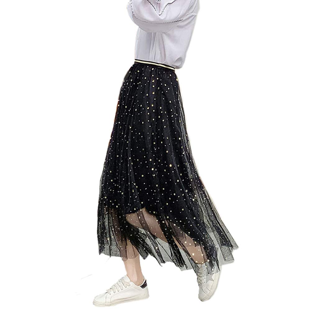 wafa Women Ladies Long Tulle Skirts Sequins Stars Tutu Skirts High Waist Pleated Swing Maxi Skirts