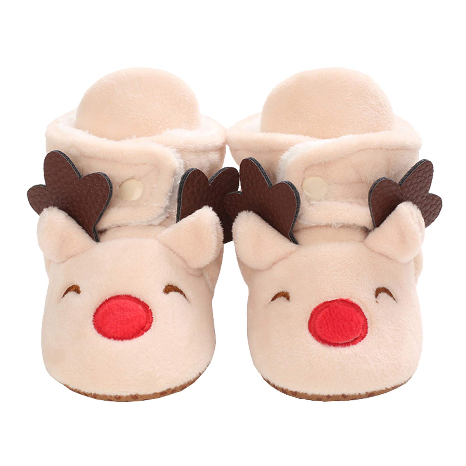 iDzn Baby Girls Boys Cozy Fleece Booties Christmas Reindeer Elk Design Newborn Shoes Infant Footwear (Beige, 0_months)