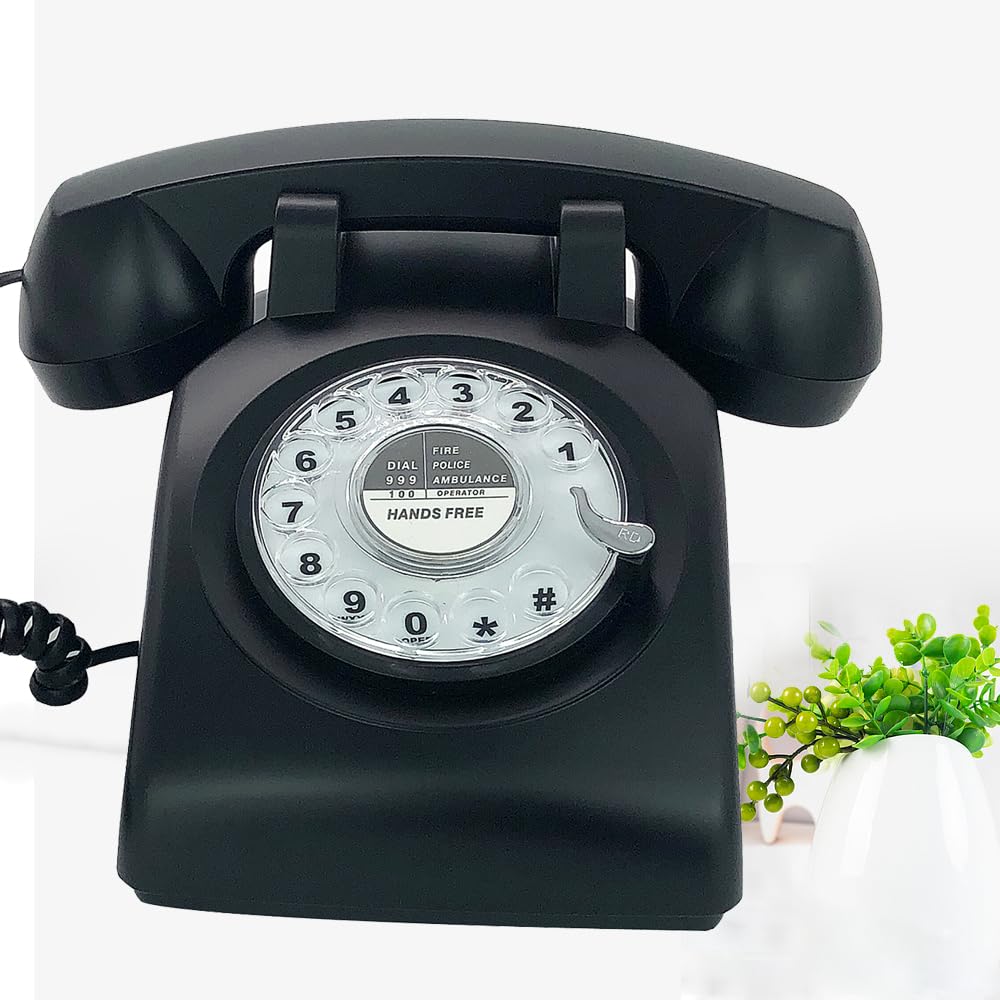 Teléfono de escritorio con cable retro de una sola línea clásico vintage rotativo manos libres teléfono fijo para hogar/oficina/hotel, teléfonos antiguos para adultos regalo (negro)