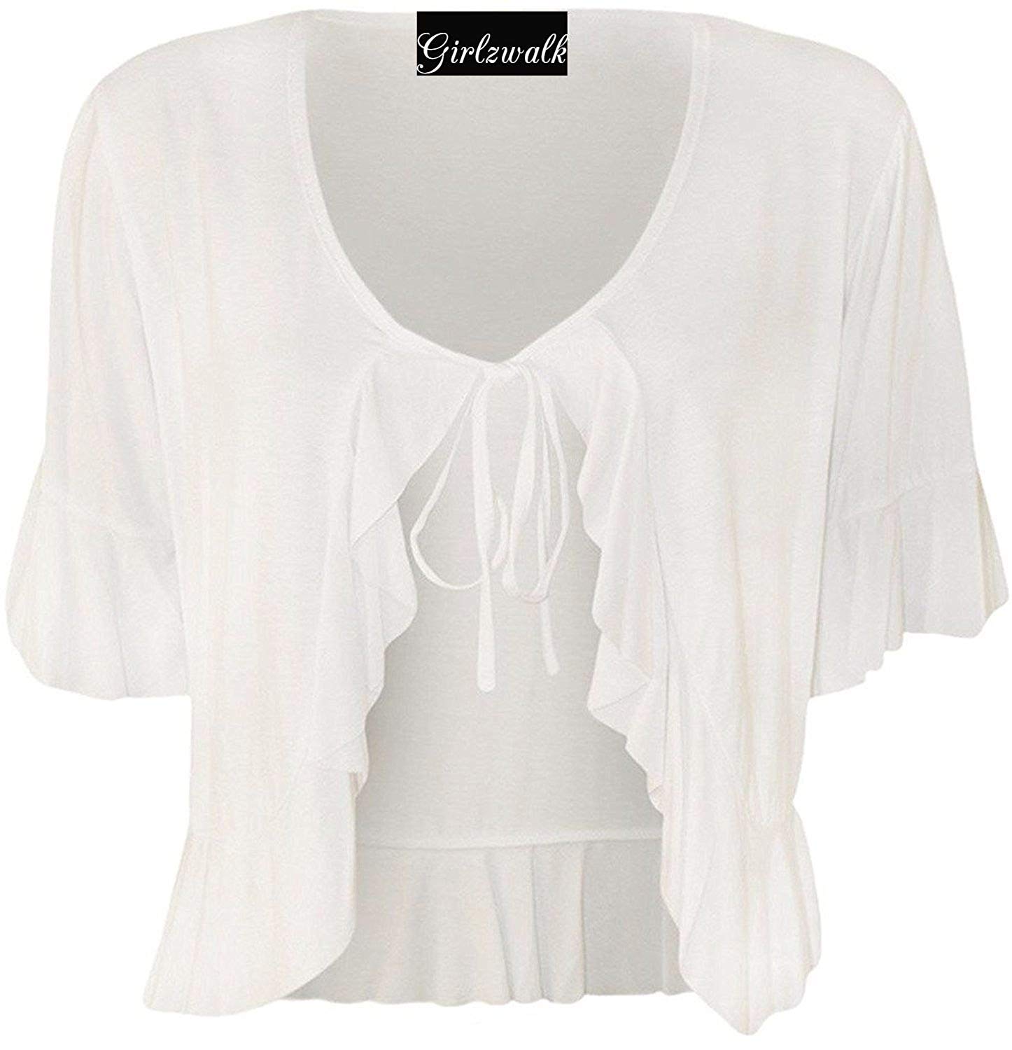 GirlzWalkWomens Short Sleeve Ladies Stretch Frill Front Neck Tie Cropped Plain Cardigan Bolero Shrug Top Plus Size