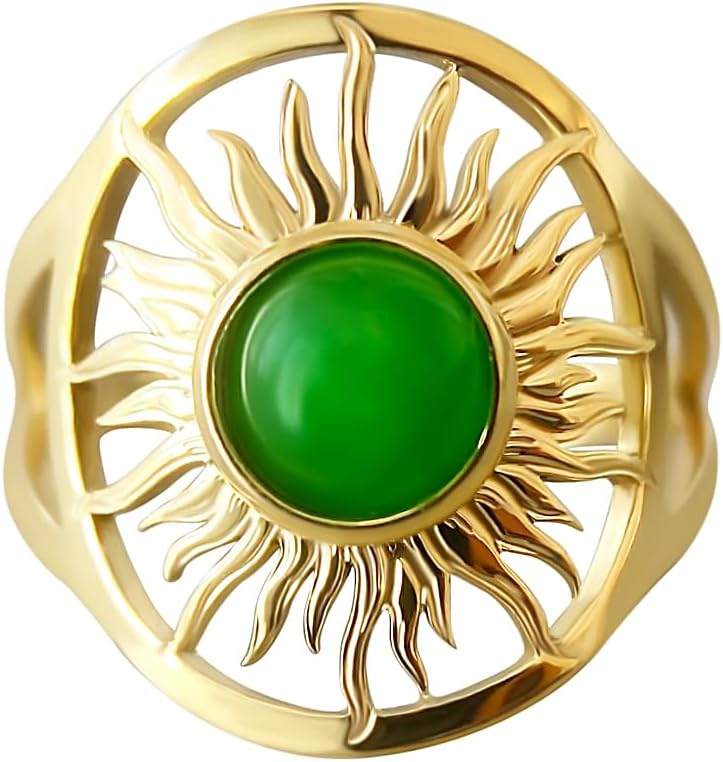 Green Agate Sun Ring – 18k Gold Boho Gemstone Ring for Women – Green Crystal Ring for Good Luck – Unique Spiritual Jewelry by ASANA