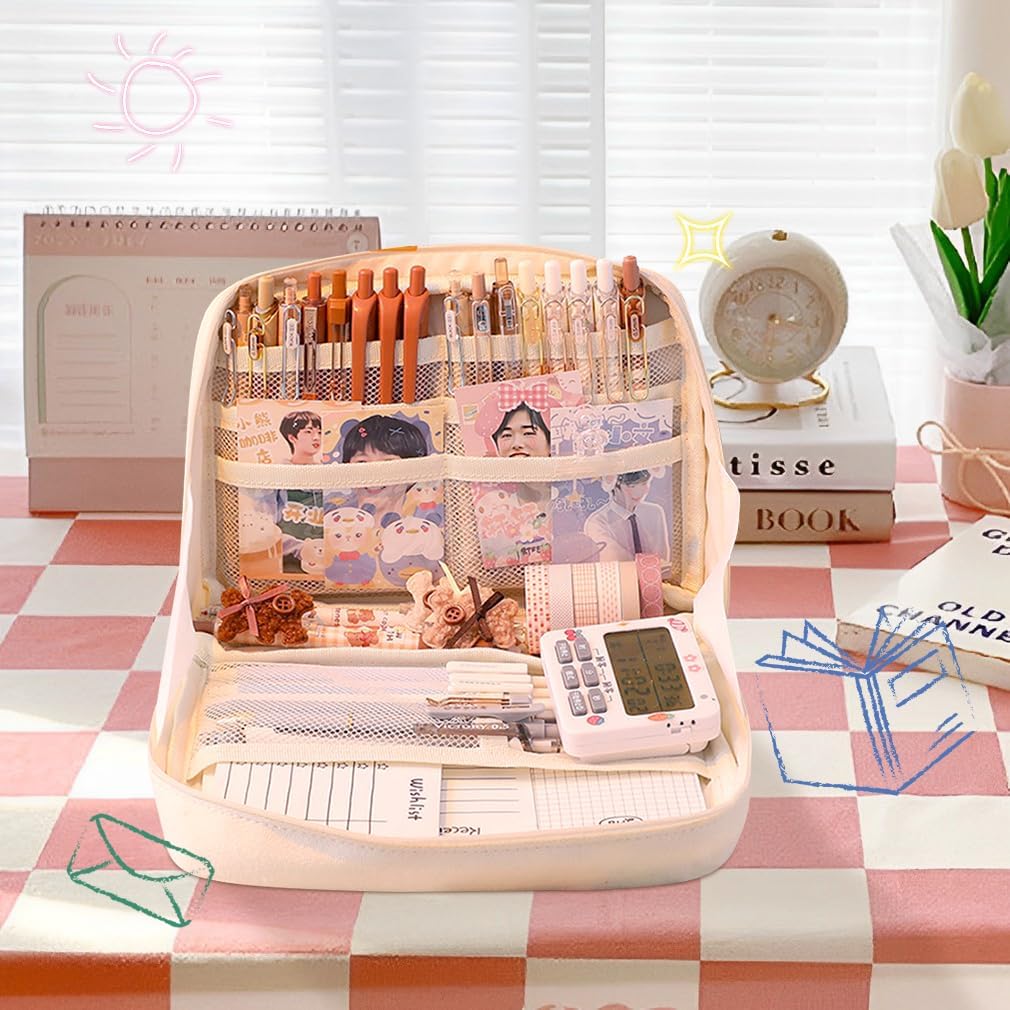 iSuperb Pencil Case Large Capacity Pencil Pouch Waterproof Passport Bag Zipper Stationery Storage Cosmetic Makeup Bag Organizers for Women (Beige)