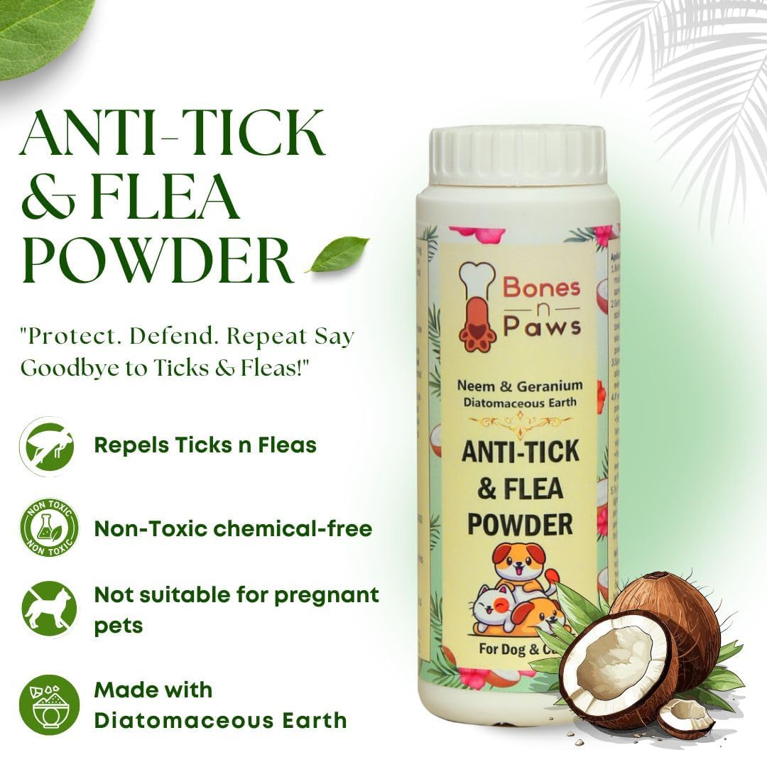 BONES N PAWS Pet Care Combo of 3 β Anti-Tick Flea Powder 300g, Pee-Lock Absorbent Powder 300g, All Purpose Shampoo 220ml for Dogs and Cats, Pet Coat Care 2