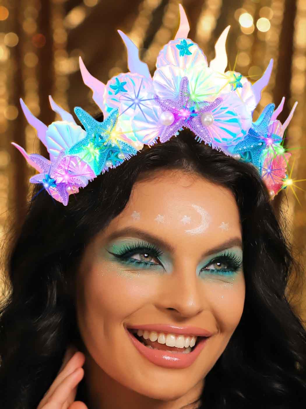 DRESBE Light Up Starfish Tiara and Crown LED Seashell Headband Beach Mermaid Hair Accessories for Women - Image 3