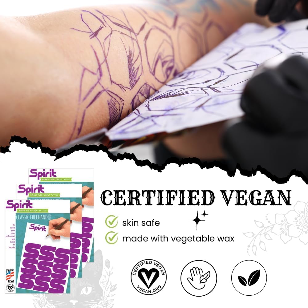Spirit® Classic Freehand Tattoo Stencil Transfer Paper, 8.5" X 11" (100 Sheets), Certified Vegan, Proudly Made in The USA