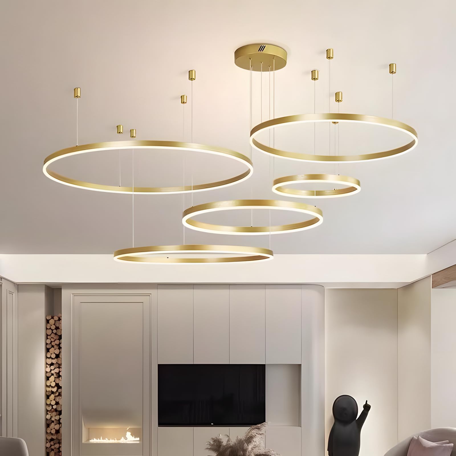 Metall LED Kronleuchter | 5 Kreise 20+40+60+80+100cm | 130W Rings Deckenhängelampe, Dimmbare Fernbedienung 3000–6000K, Acryl Schirm Pendelleuchte, Wohnzimmer Schlafzimmer Esszimmer【Gold】