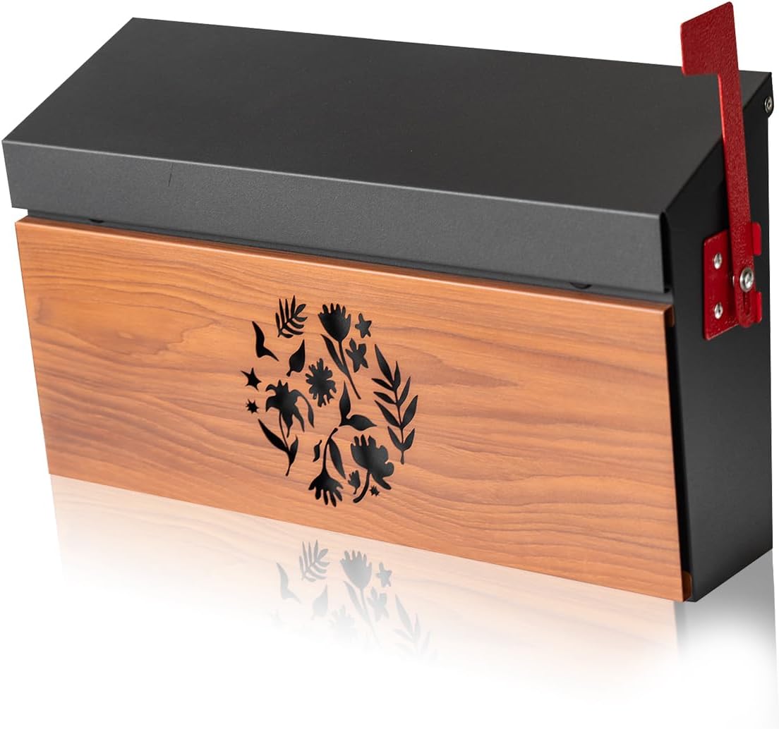 Wall Mount Mailbox, Large Capacity Mailbox for House Outside with Flag Kit Galvanized Steel Rust-Proof Metal Post Drop Box, 15.74"×9.84"×4.33" Flower Hollowed Wooden Patterned Metal Sheet