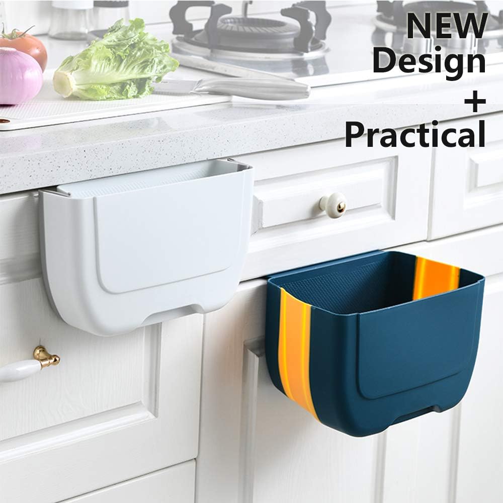 NEEMAY Small Hanging Folding Trash Can Collapsible Trash Can for Kitchen Cabinet Door, Collapsible Foldable Waste Bin, Garbage Can, Garbage Bin Holder for Bathroom Bedroom Home Car Camping, Lake Blue