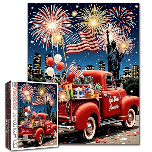 4th of July 1000 Piece Jigsaw Puzzles for Adults New York Night Jigsaw Puzzle USA Country Patriotic 1000 Pieces American Flag Freedom Truck Puzzle Game DIY Craft Puzzle Independence Day Art