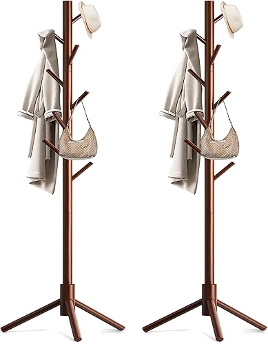 Aliphon Wooden Coat Rack Stand, Freestanding Coat Rack with 8 Hooks, 3 Adjustable Size Coat Tree for Hats, Coats, Scarves bags, Coat Hanger Stand Used in Bedroom/Office/Entryway,2 PCS (Brown)