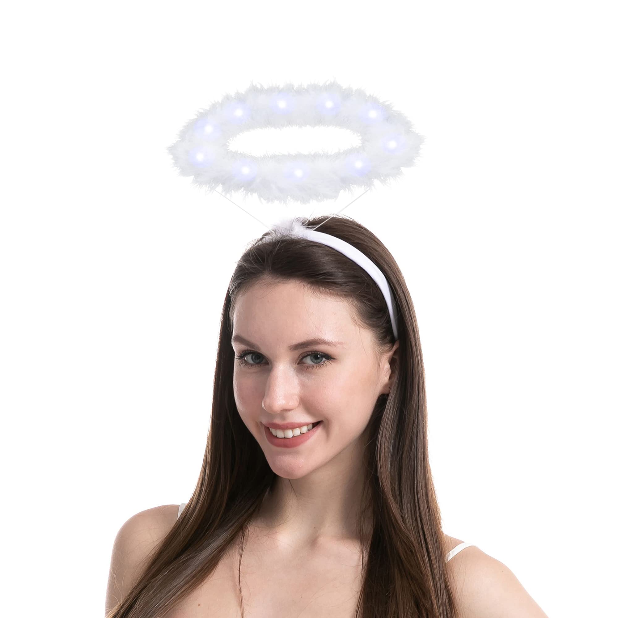 Spooktacular Creations Light Up White Angel Halo Headband, LED Angel Headband Feather Headpiece Halloween Costume Party Favor Accessory