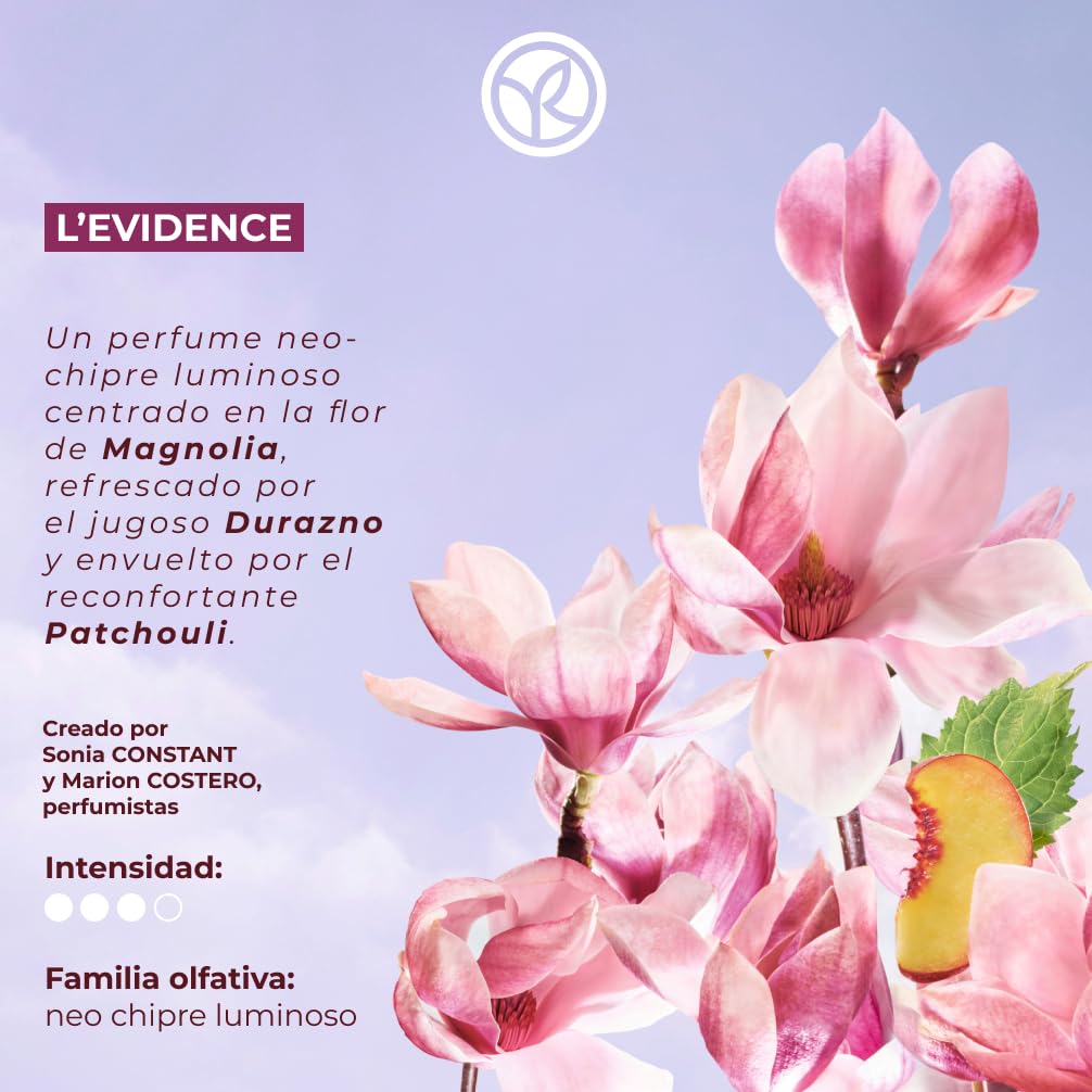 Yves Rocher L'EVIDENCE Eau de Parfum Mujer 100ml Magnolia, Durazno Pachulí | Perfumes para Mujeres - Fragancia elegante y sostenible en un Frasco Minimalista - Idea de Regalo