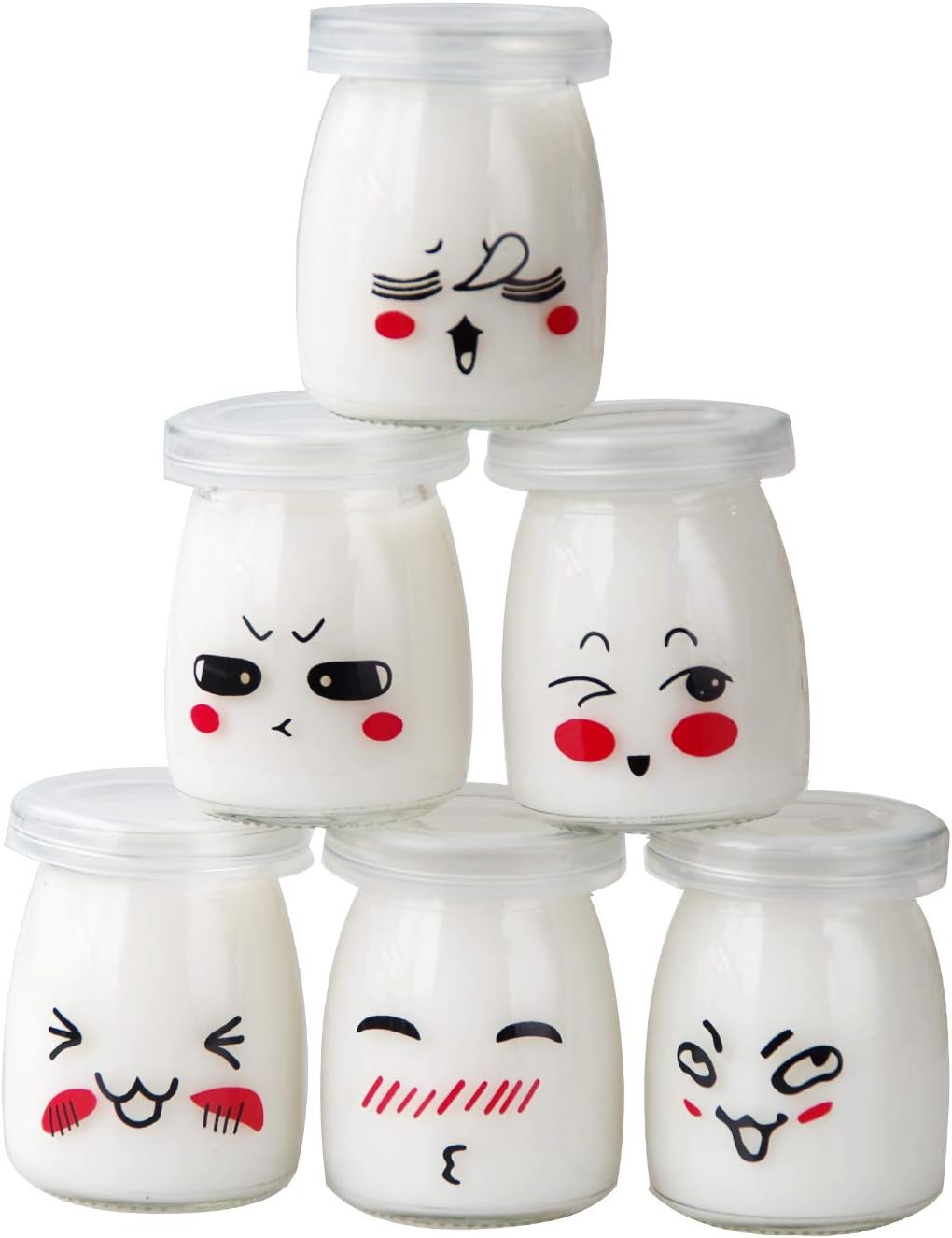 100ml Emoticon Design Pudding Yogurt Class Jars with Lids 3oz,6Pcs