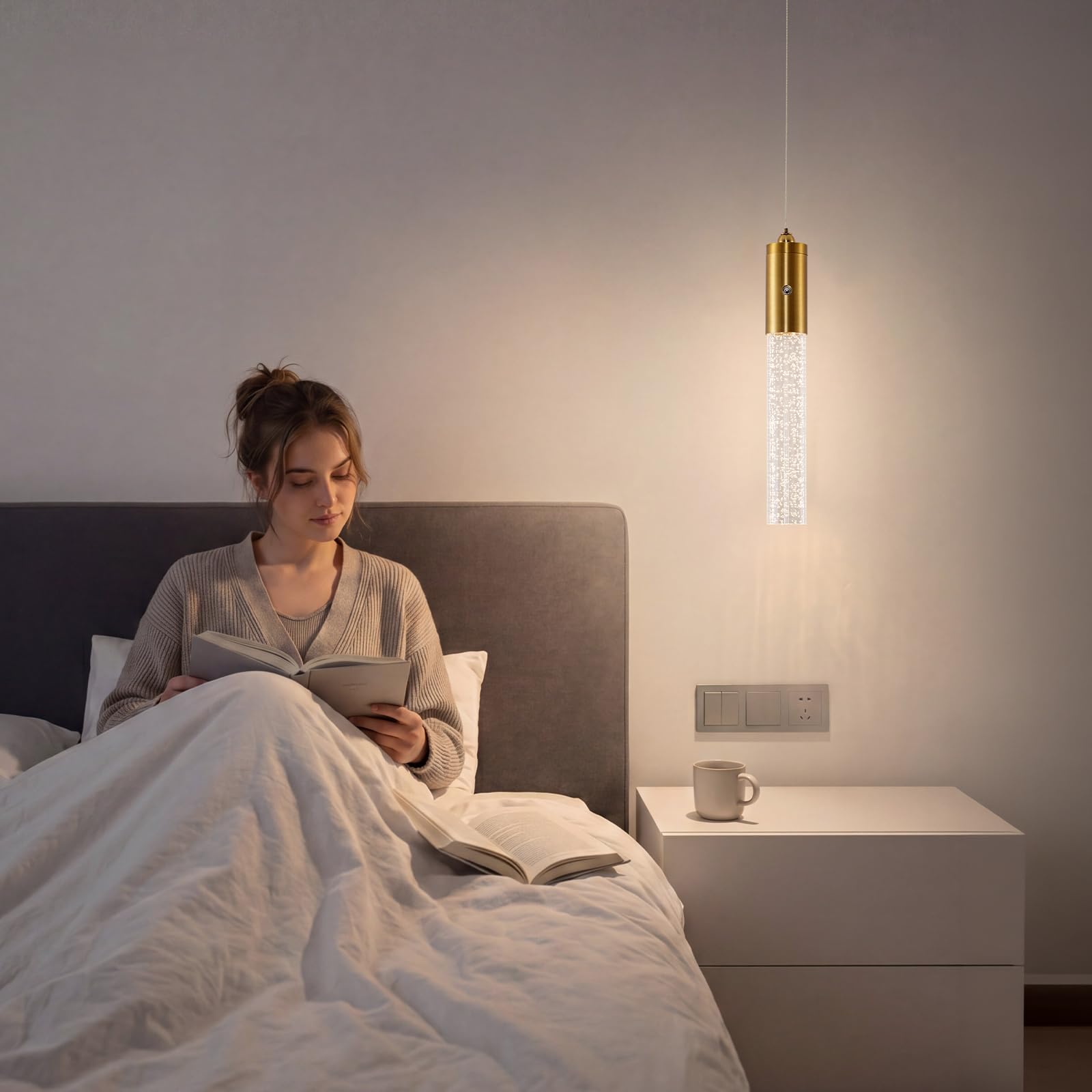Akku Pendelleuchte Gold Kristall LED Hängelampe mit Batterie,7500mAh LED Hängeleuchte Touch Dimmbar 3 Farben,Höhenverstellbar, Zylinder Pendelleuchte Batteriebetriebene für Nachttisch Schlafzimmer