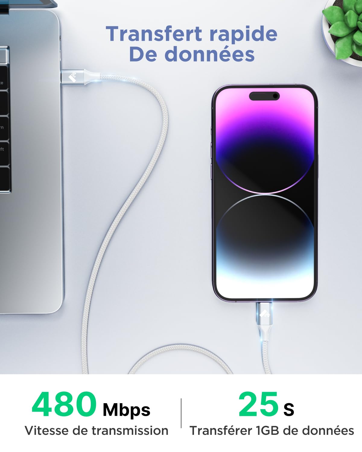 Câble iPhone USB C vers Lightning 2M MFi Charge Rapide Nylon pour iPhone 14/13/12/11/Pro Max/XS/XR/X/8/8Plus/iPad