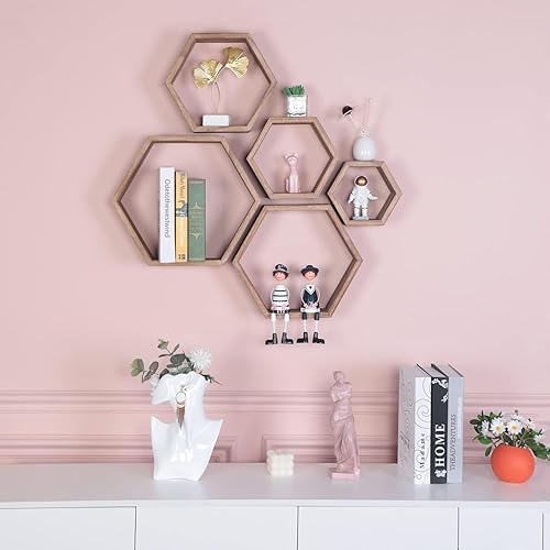 Miniatura 3 de Juego de 5 estantes flotantes hexagonales estantes de pared de madera para montar en la pared para baño cocina dormitorio sala de estar oficina