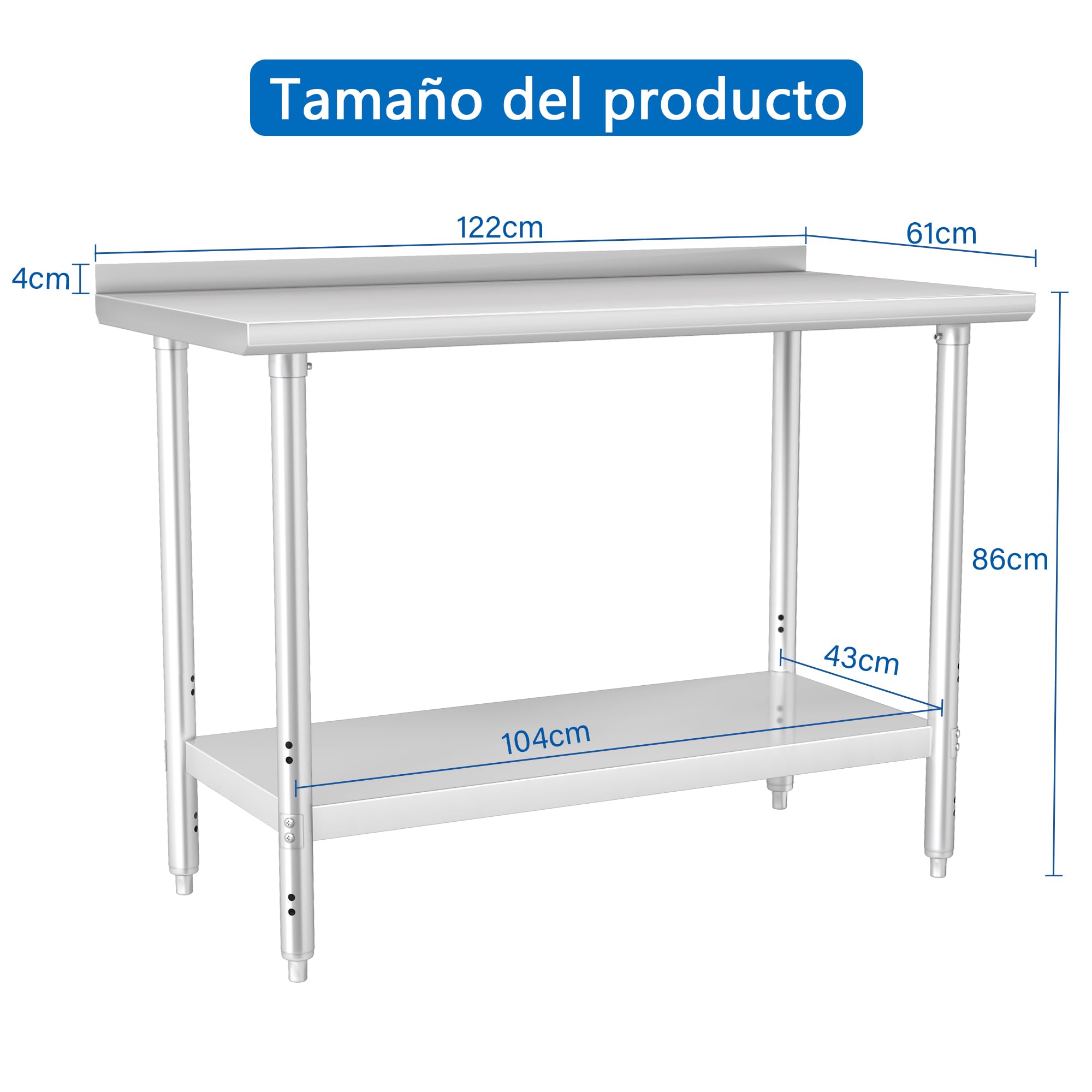 HARDURA Mesa de Acero Inoxidable 61x122 cm, Mesa de Trabajo para Cocina Comercial con Estante Inferior Ajustable y Salpicadero