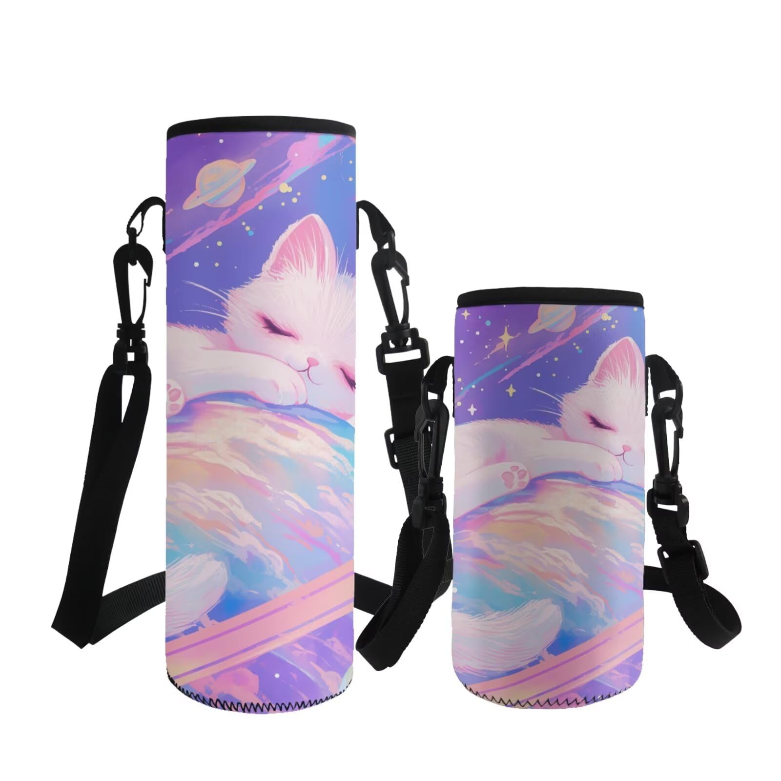 ASQVTIFE Cute Cat Water Bottle Carrier Insulated Neoprene Planet Cat Water Bottle Sleeve School with Adjustable Shoulder Strap for 500ml Steel/Plastic Bottles Energy Drinks Animal Designs S — image 1