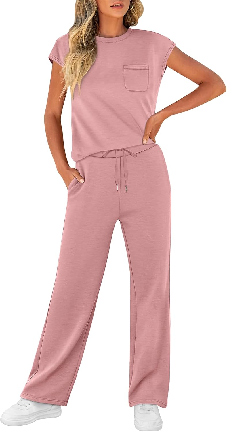 WIHOLL 2 Piece Sets for Women Casual Summer Travel Vacation Outfits Cap Sleeve Lounge Set - Image 3