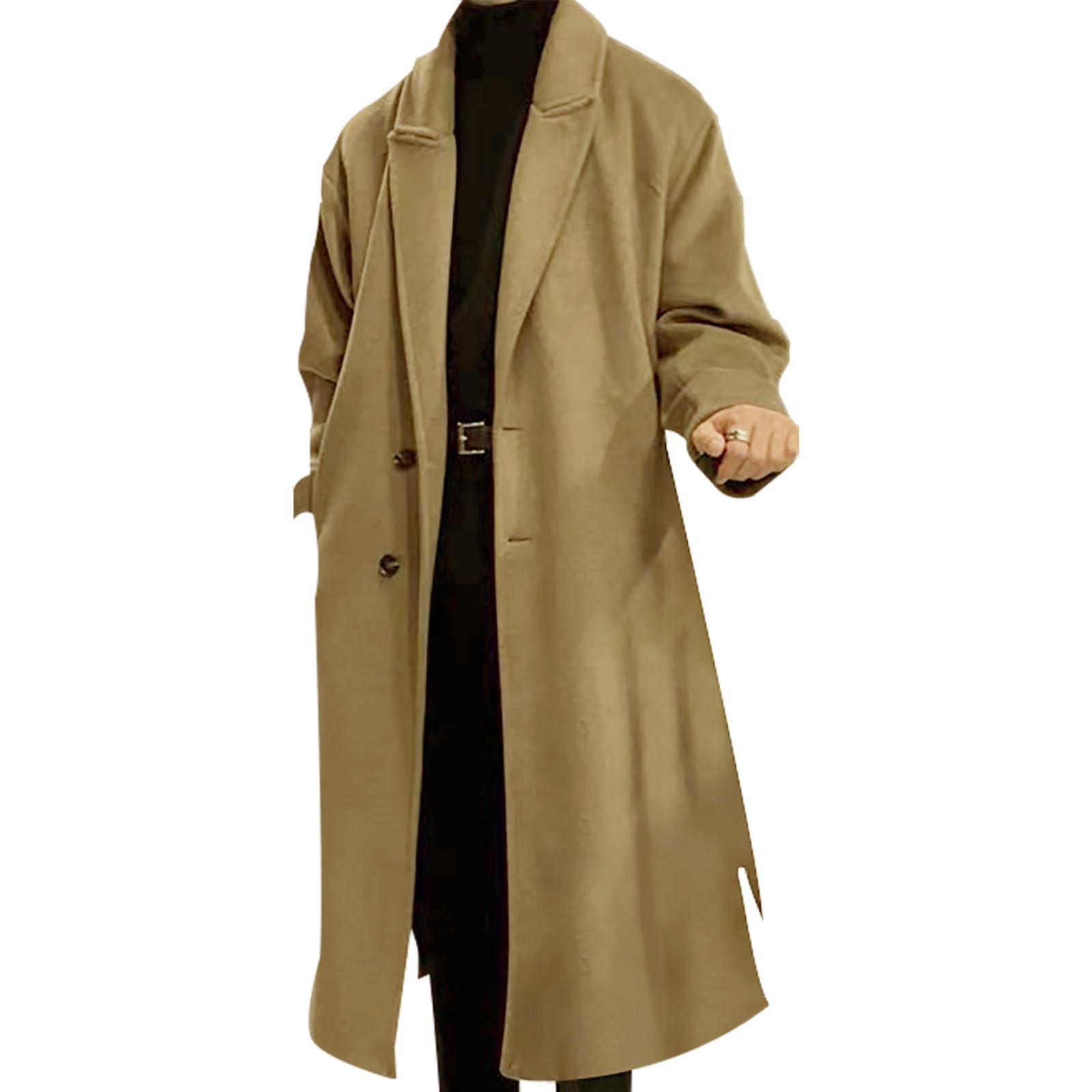 Generico Trench Coat Nero Lungo Uomo In Pelle Monopetto Cappotto Risvolto Invernale Classico Transizione Stagione Medio Ginocchio Giacca a Vento con Stile Retrò e Tessuto di Lana