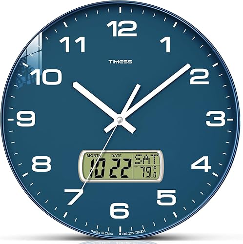 Miniatura 12 de Reloj de pared TIMESS, esfera de 10" sin tictac, silencioso, funciona con pilas, analógico con pantalla LCD para calendario perpetuo y temperatura