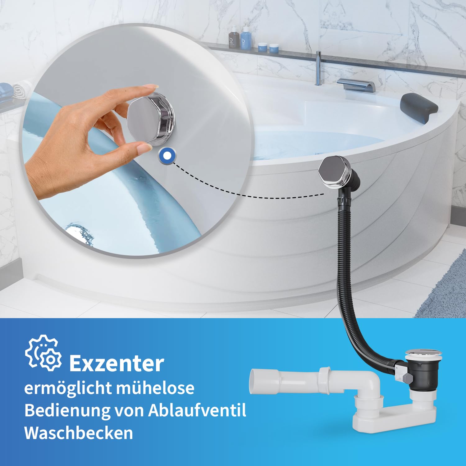 AQUADE Set completo de desagüe para bañera y rebosadero, diámetro 40/50 mm, cromado, desagüe para bañera, función Pop Up con tapón de olor excéntrico y cubierta de rebosadero de bañera