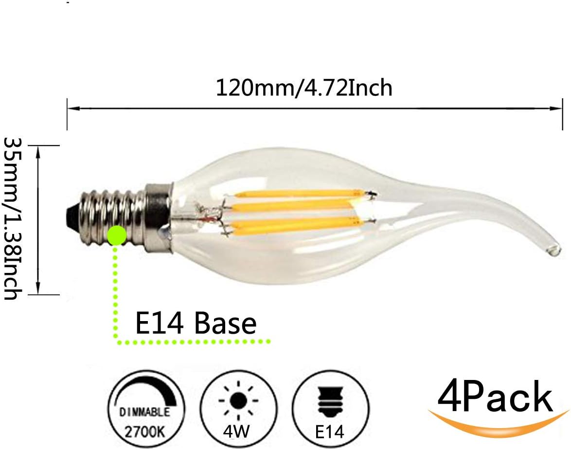 CTKcom 4W Dimmable LED Candelabra Bulb(4 Pack)- E14 Base Antique Candelabra Light Bulb 40W Equivalent Lamp, Warm White 2700K,C35 Flame Shape Bent Tip for Vintage Style