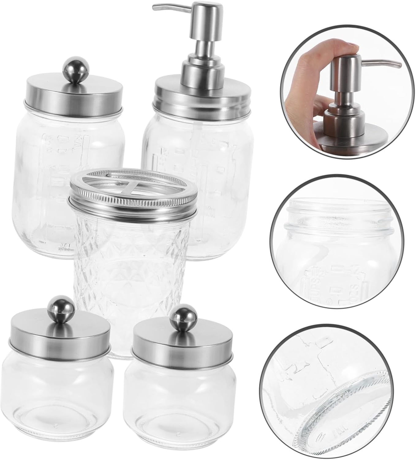 Bathroom Accessories Jar Set for Bathroom Includes Soap Dispenser Shampoo Container Toothbrush Holder and Cotton Swabs Jar
