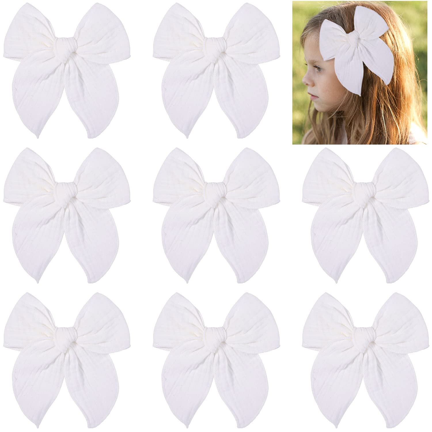 8 PCS Large Fable Hair Bow Cotton Linen Hair Bows for Toddlers Girls Handmade Neutral Bow Hair Accessories for Little Girls