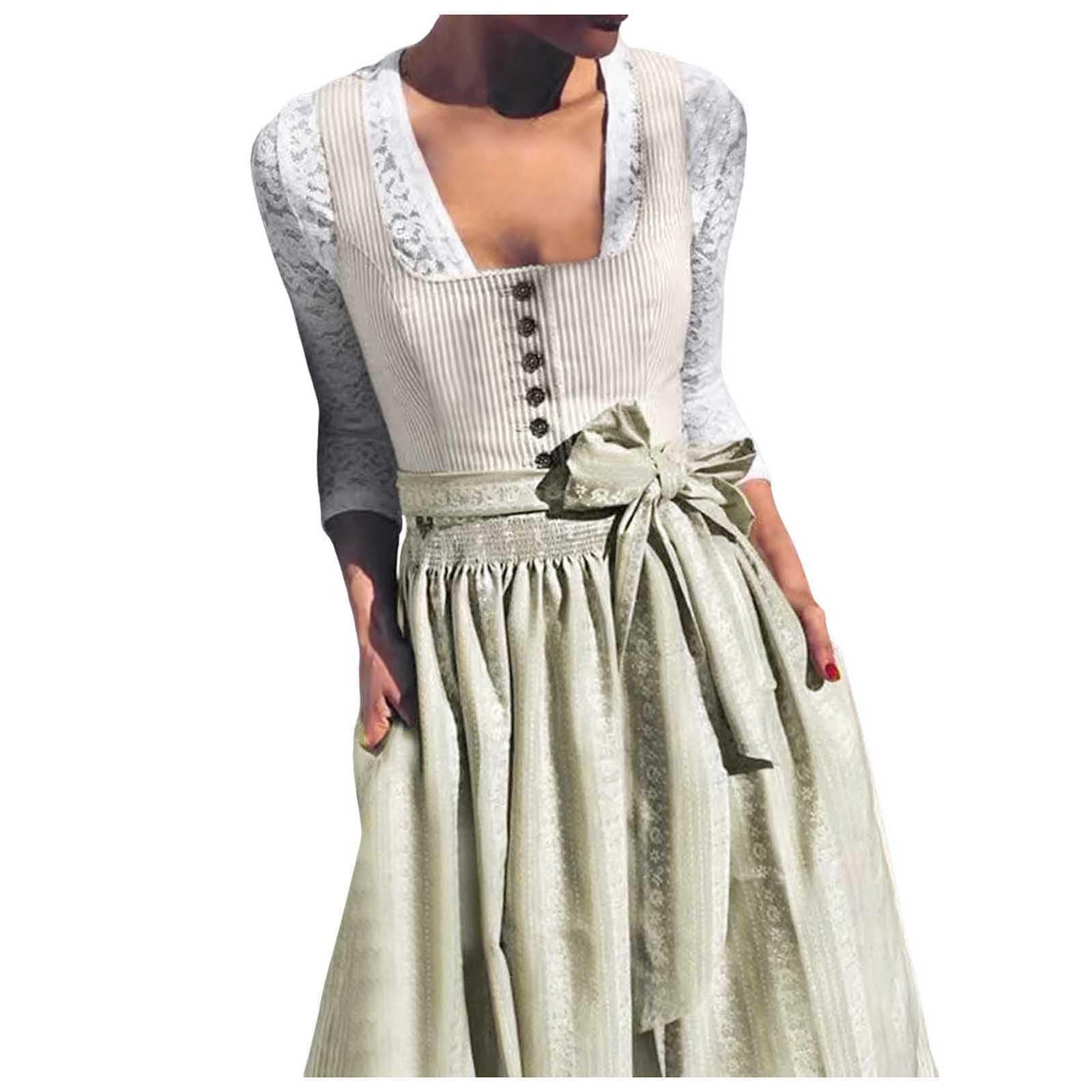Dirndl-Komplettsets Übergröße Trachtenkleid Dirndel Elegant Lang Trachten Dirndl Mit Bluse Spitze Trachtenrock Schlicht Midi Trachtenbluse Reissverschluss Vorne Schürze Dress Modern Oktoberfest