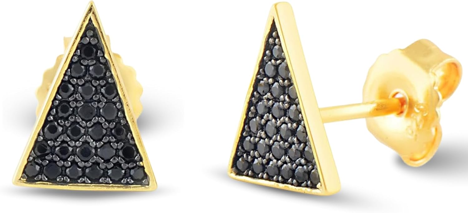 Yellow Gold Plated Sterling Silver Womens Dainty Black Cz Pyramid Triangle Stud Earrings - Gifts for Mom Wife Girlfriend