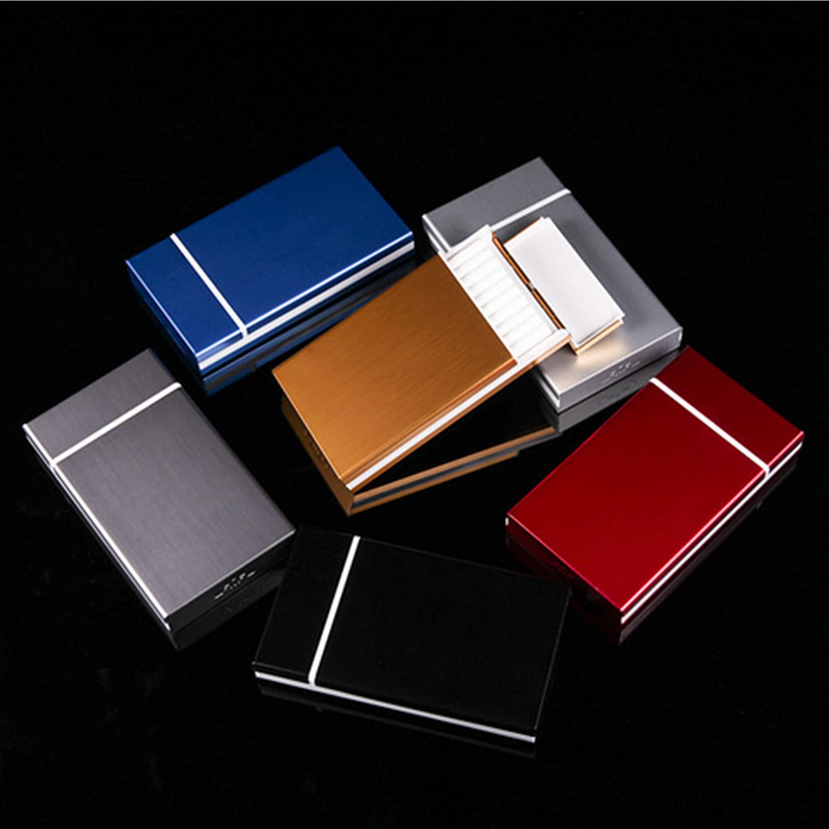 Damskie cienkie etui na papierosy， ultracienkie etui na papierosy， materiał ze stopu aluminium， ergonomiczna konstrukcja， kreatywny design z klapką， mieści 20，Black-108 * 61 .5 * 18.5MM