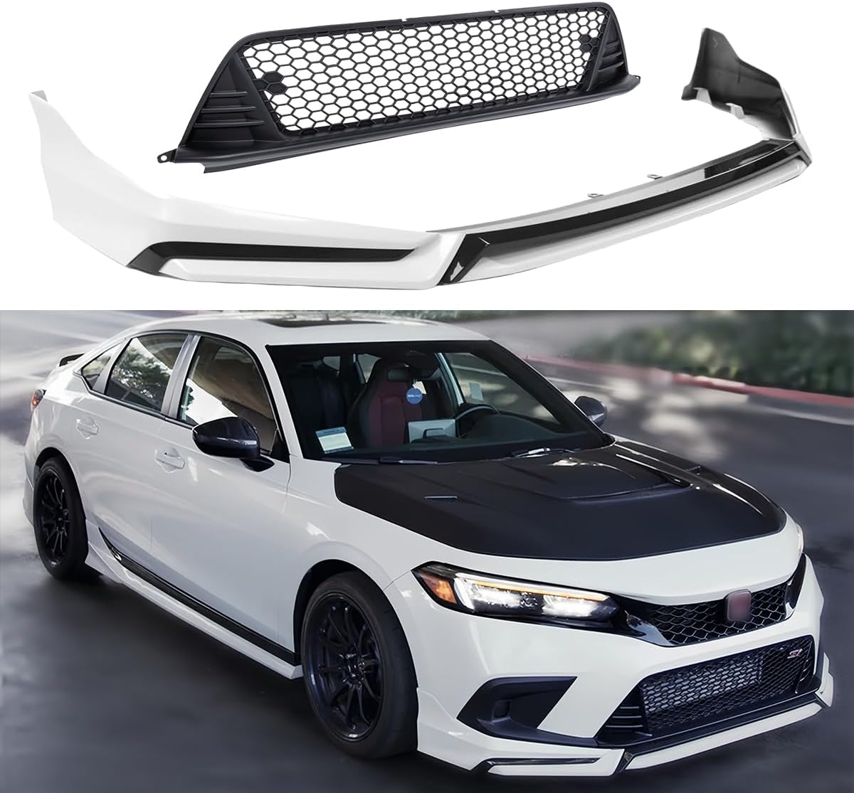 Front Lip & Grille Compatible with 2022-2024 Honda Civic, JDM V3 Style Air Dam Bumper Splitter Protection Body Kit Fits for 4-Door Sedan & Hatchback (Matte Black | Platinum White Pearl NH883P) Matte Black & Platinum White Pearl NH883P