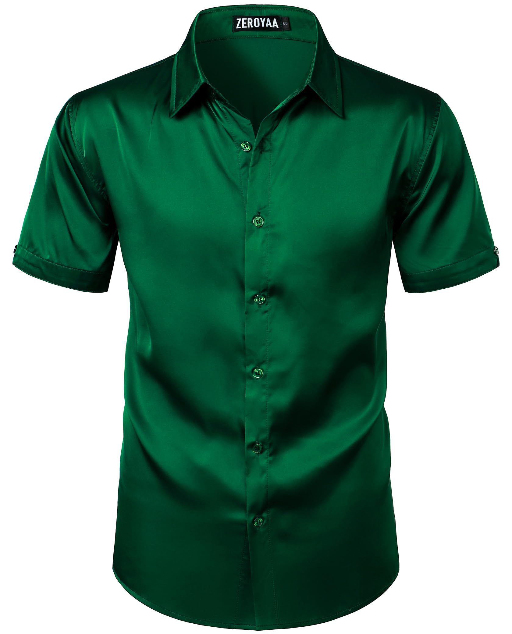 ZEROYAA Men's Hipster Shiny Silk Satin Shirt Regular Fit Short Sleeve Casual Button Down Dress Shirts for Summer Party