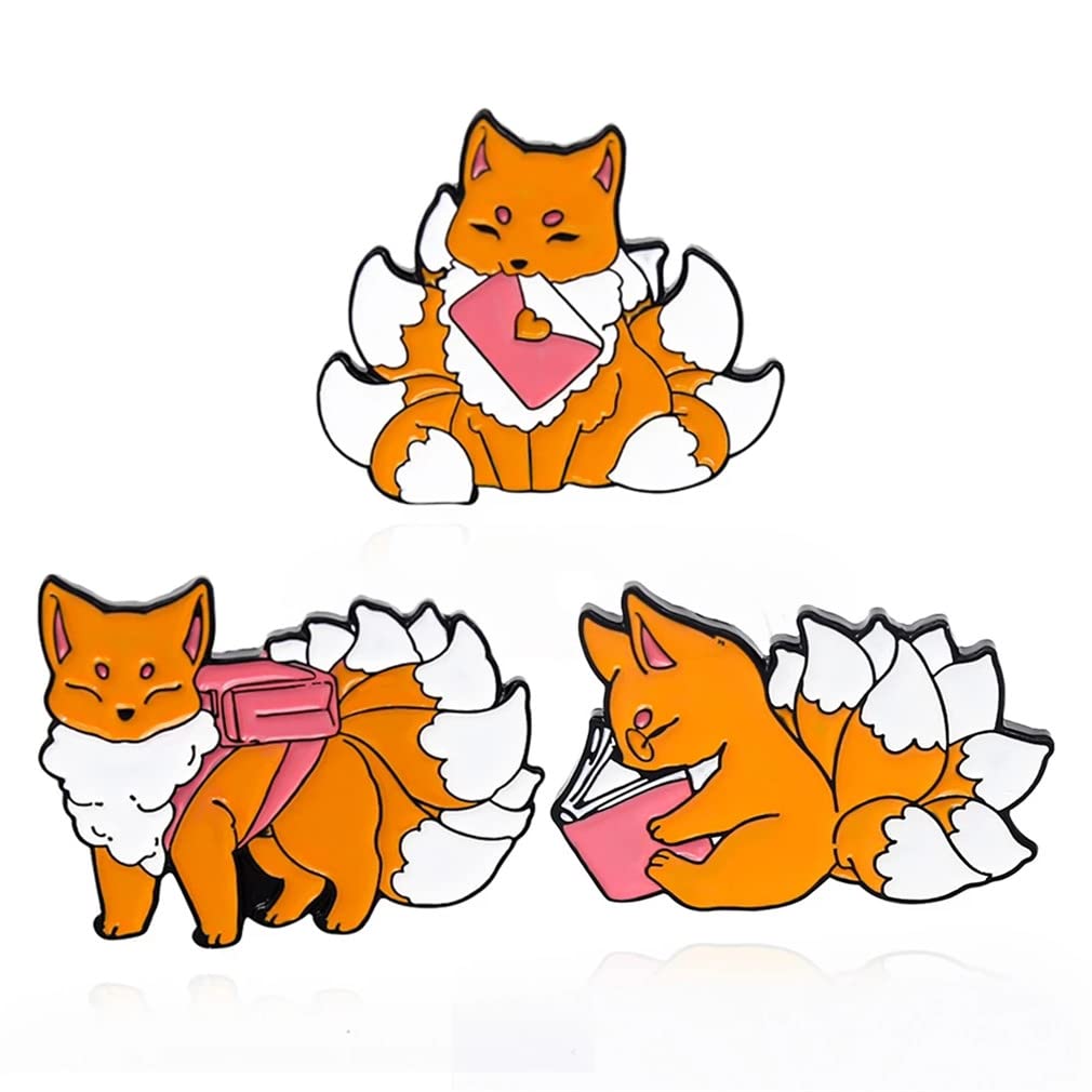 3pcs Cartoon Animal Enamel Pin Cute Nine Tailed Fox Alloy Metal Brooch lapel Bag Clothes Lapel Badges Denim Suit Lapel Badge Ladies Chic Fashion Accessories