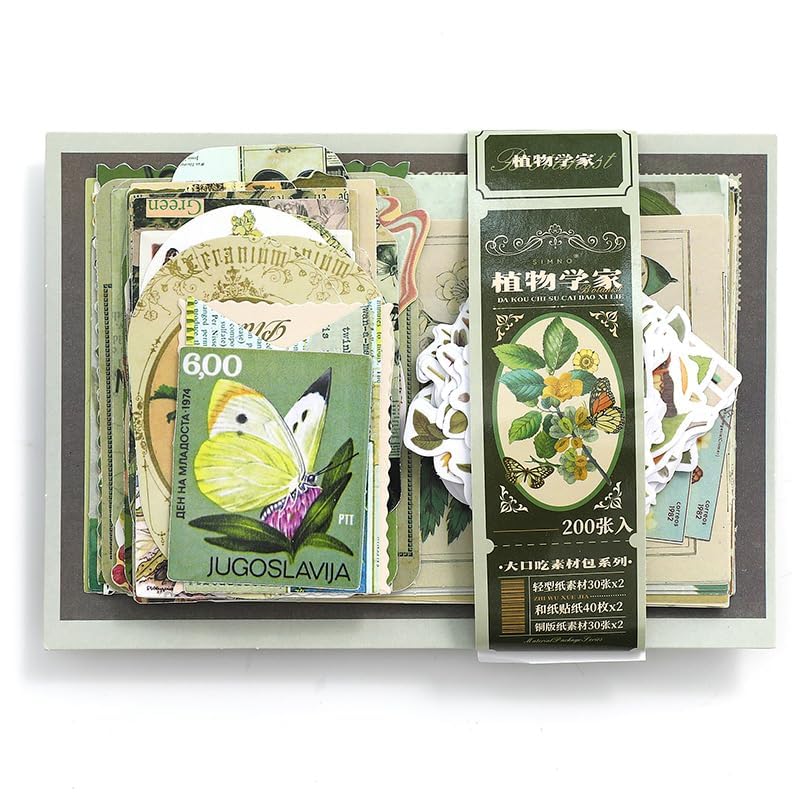 Alideco 200pcs Vintage Scrapbook Supplies Pack for Art Journaling Bullet Junk Journal Planners DIY Paper Stickers Craft Kits Notebook Collage Album Aesthetic Cottageco(zhiwuxuejia)