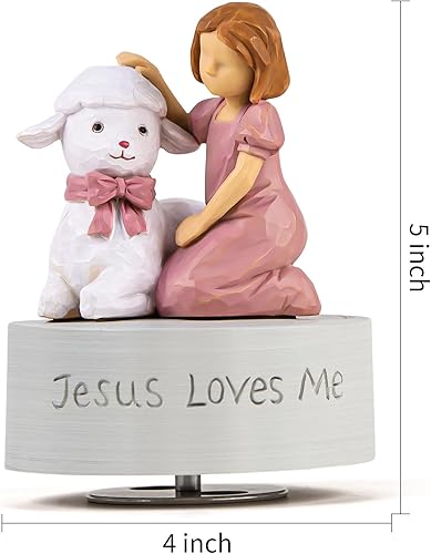 Miniatura 5 de Jesus Loves Me - Caja de música, figura musical de bautismo para niñas con cordero, regalo religioso pintado a mano para bebé cristiano, bautizo,
