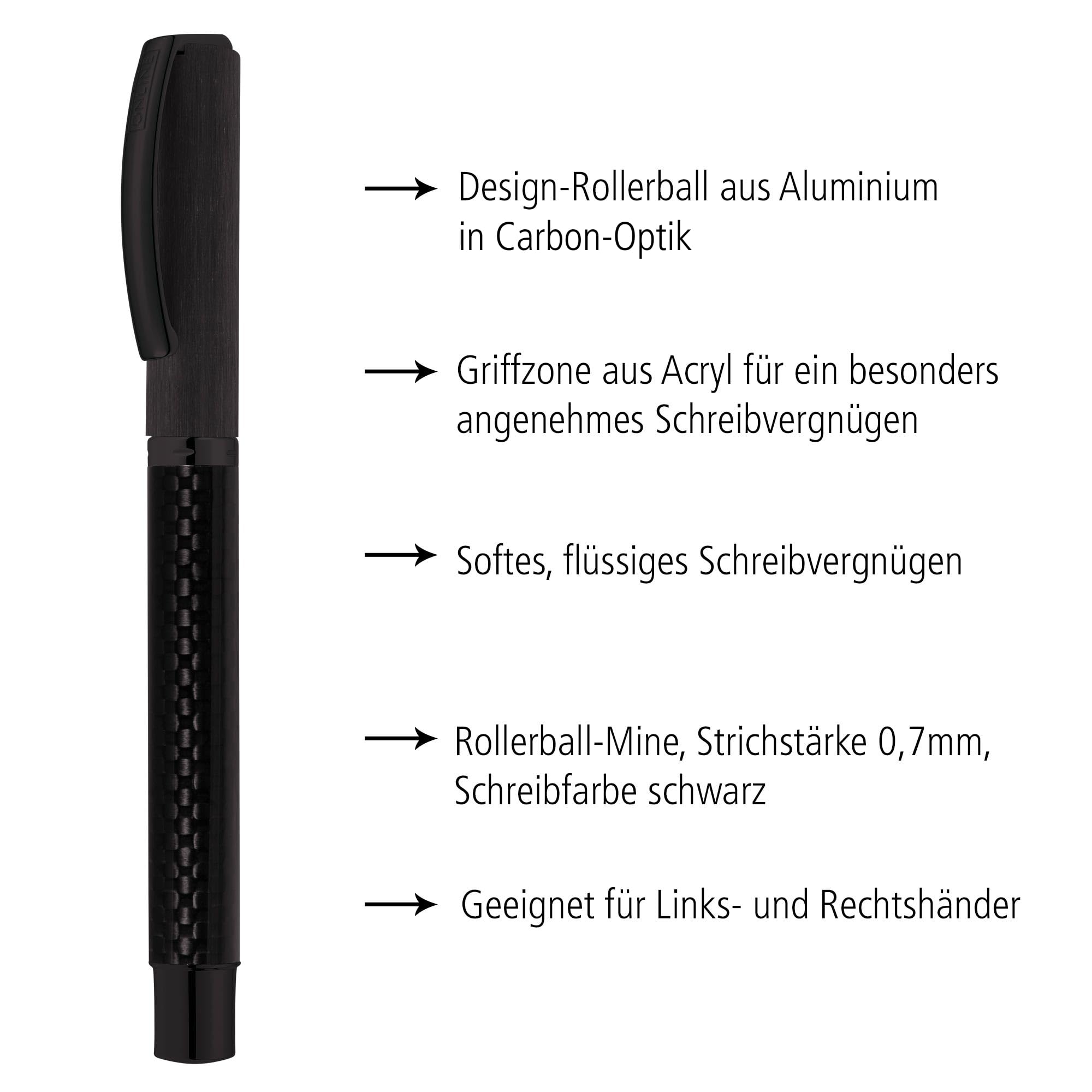 Online 36013 Rollerball Vision Carbon, Roller mit klarem Design, aus Aluminium und Carbon, mit Rollerball-Mine, nachfüllbar, für Links-und Rechtshänder, in Geschenkverpackung