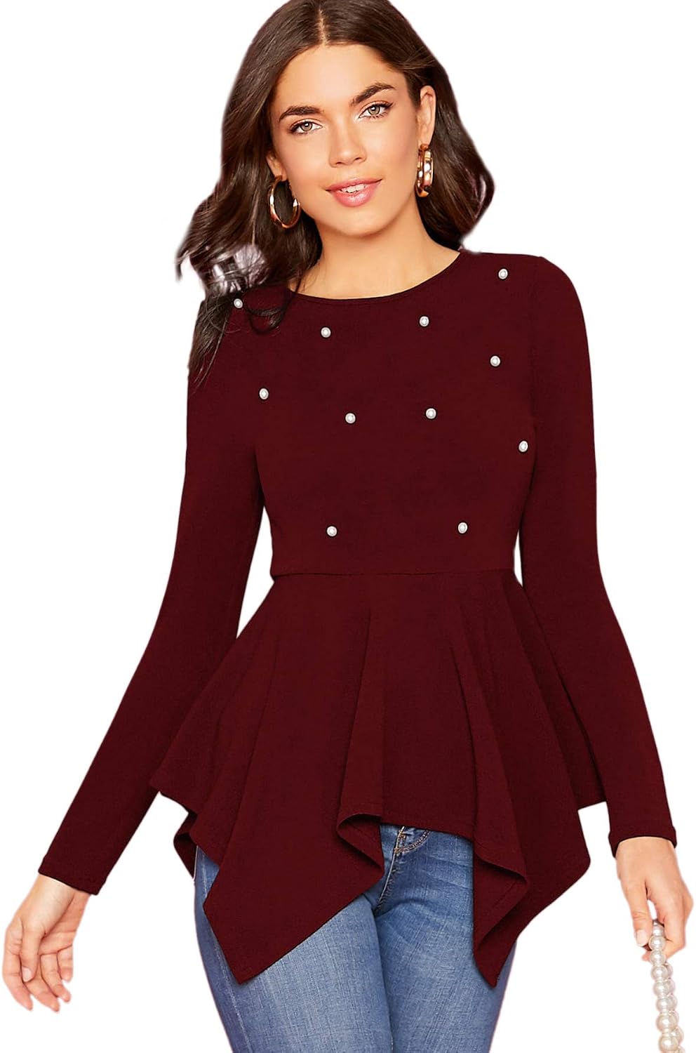 Milumia Women's Elegant Round Neck Long Sleeve Pullover Blouses Pearl Asymmetrical Hem Peplum Tops